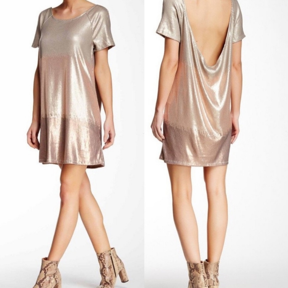 Free People Dress Ombre Sequin Low-Cut Back Drape Gold Copper XS Party Short